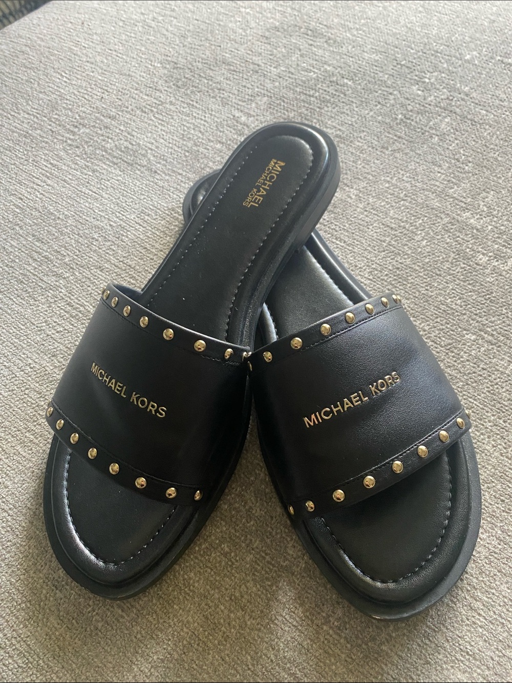 Michael Kors Black Slide Sandals with Gold Stud Accents